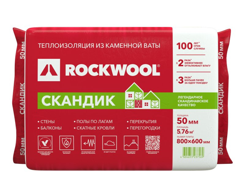 Rockwool утеплитель Скандик 50х600х800 мм.